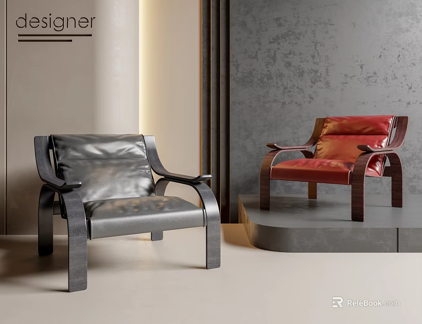 Designer Leisure Chairs With Black And Red Leather Upholstery And Modern Frames 3d model 