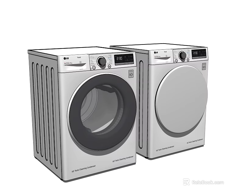 Two Silver Front Loading Washing Machines With Modern Design And Control Panel 3d model 