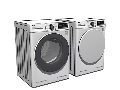 Two Silver Front Loading Washing Machines With Modern Design And Control Panel 3d model