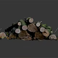 Stacked Green Wood Logs With Natural Bark And Rustic Look In Dark Background