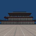 Two Story Chinese Style Building With Red Decoration Balcony Waterfront Square And City Skyline