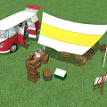 Garden Landscape With Red Vintage Van White Yellow Canopy Wooden Furniture Easel And Fire Pit