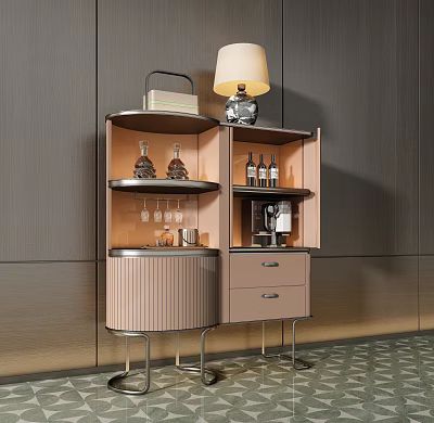 Elegant Modern Wine Cabinet With Glass Doors Open Shelves Wine Glasses And Drawers 3d model