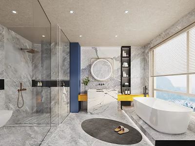 Modern Bathroom Interior Features Glass Shower Marble Walls Round Mirror Bathtub Yellow Vanity Window View 3d model