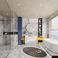 Modern Bathroom Interior Features Glass Shower Marble Walls Round Mirror Bathtub Yellow Vanity Window View