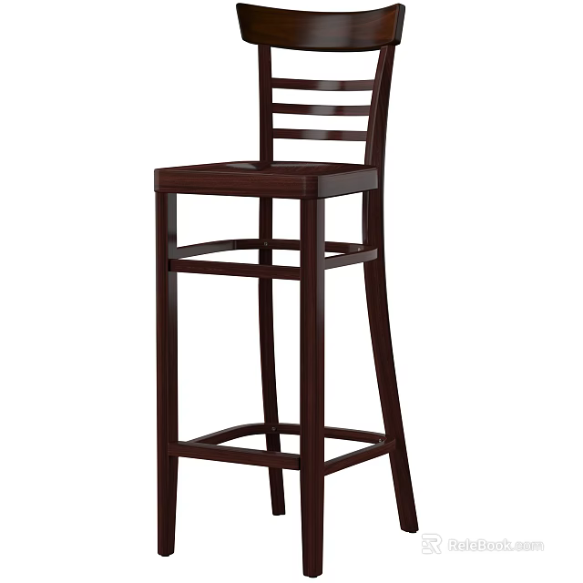 Dark Wooden Bar Stool With Slatted Back For Kitchen Bar Setting 3d model