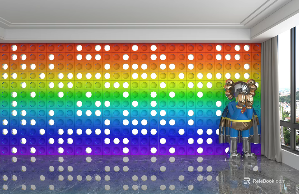 Rainbow Colored Decorative Background Wall with White Dots and Cartoon Doll in Modern Room 3d model 