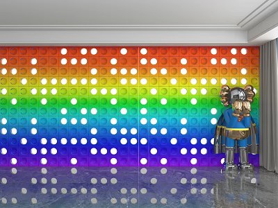 Rainbow Colored Decorative Background Wall with White Dots and Cartoon Doll in Modern Room 3d model