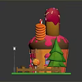 Colorful Sweet Themed Building With Pink Donut Roof Candy Cane Green Trees And Tables