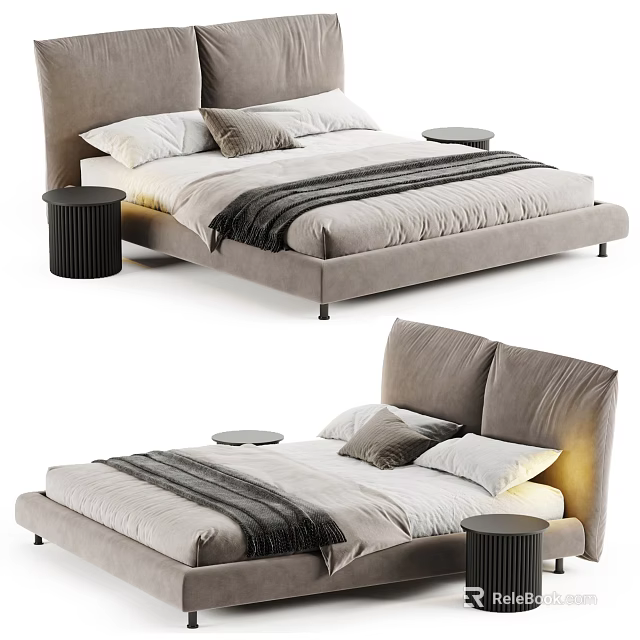 Modern Gray Double Bed With Upholstered Headboard Pillows And Side Tables 3d model