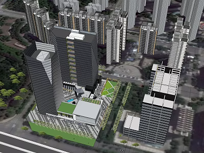 Modern Office Building In Urban High Rise Complex With Green Space And Surrounding Skyscrapers 3d model