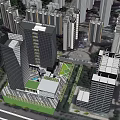 Modern Office Building In Urban High Rise Complex With Green Space And Surrounding Skyscrapers