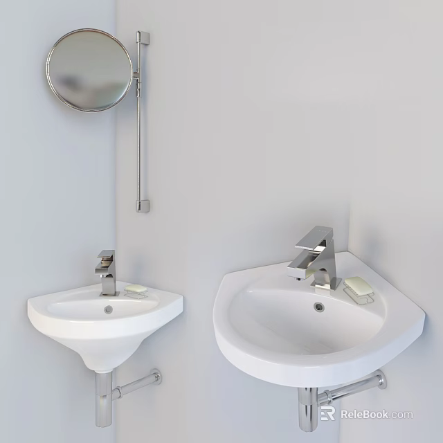 Modern Bathroom Double White Washbasins With Silver Faucets And Round Mirror 3d model 