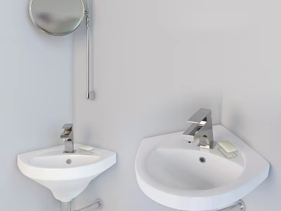 Modern Bathroom Double White Washbasins With Silver Faucets And Round Mirror 3d model