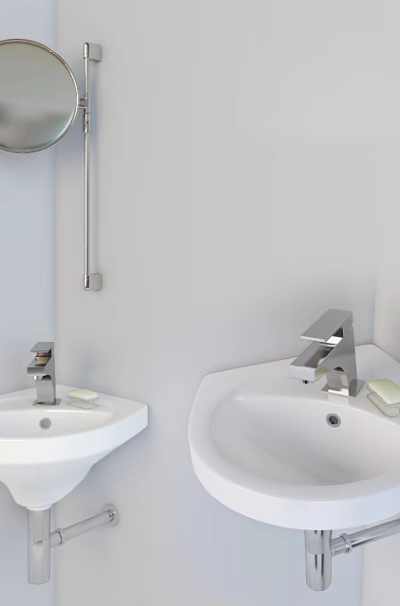 Modern Bathroom Double White Washbasins With Silver Faucets And Round Mirror 3d model