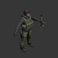 Tactical Human Character In Green Vest Helmet Camouflage Pants Holding Rifle On Gray Background