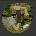 Cartoon Scene With Wooden Cabin Stone Stairs Tent Green Trees And Blue Van