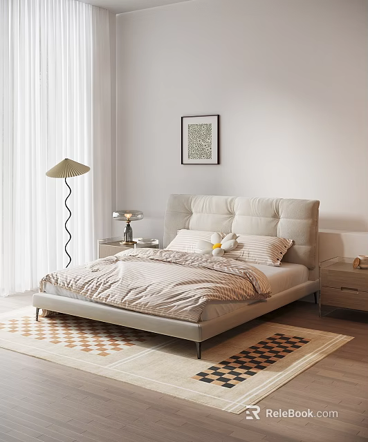 Modern Double Bed with Beige Upholstered Headboard Striped Bedspread Nightstands Floor Lamp and Geometric Rug 3d model 