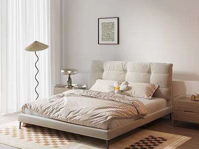 Modern Double Bed with Beige Upholstered Headboard Striped Bedspread Nightstands Floor Lamp and Geometric Rug 3d model