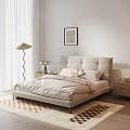 Modern Double Bed with Beige Upholstered Headboard Striped Bedspread Nightstands Floor Lamp and Geometric Rug