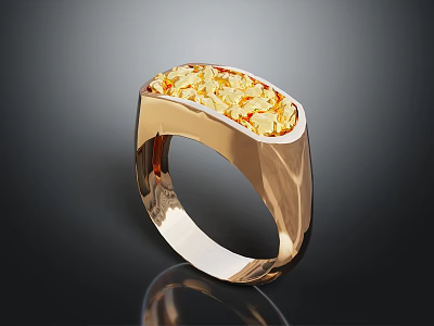 Luxury Gold Ring With Oval Yellow Gemstone And Textured Geometric Band Design 3d model
