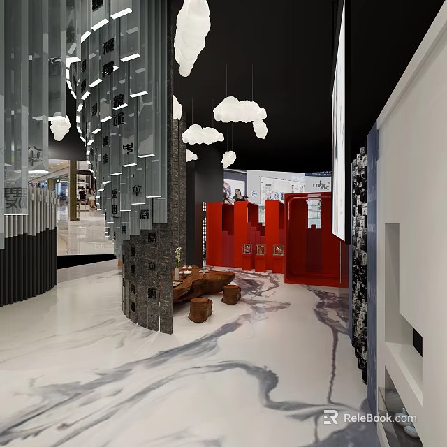 Modern Exhibition Booth Creative Design With Red Display Sections Unique Structure And Hanging Decorations 3d model 