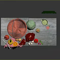 Vintage Decorative Ornament Combination With Red Bucket Green Mug Vegetables Checkered Cloth And Framed Portrait