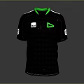 Black T-shirt Featuring Green Collar Green Triangular Logo White Brand Logo And Text On Sleeves