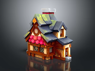Adorable Cartoon Fairy Tale House Scene With Green Roof Chimney Wooden Windows And Red Decorations 3d model