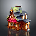 Adorable Cartoon Fairy Tale House Scene With Green Roof Chimney Wooden Windows And Red Decorations