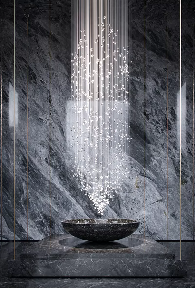 Shiny Crystal Pendant Decoration With Hanging Small Crystals Against Gray Textured Wall 3d model
