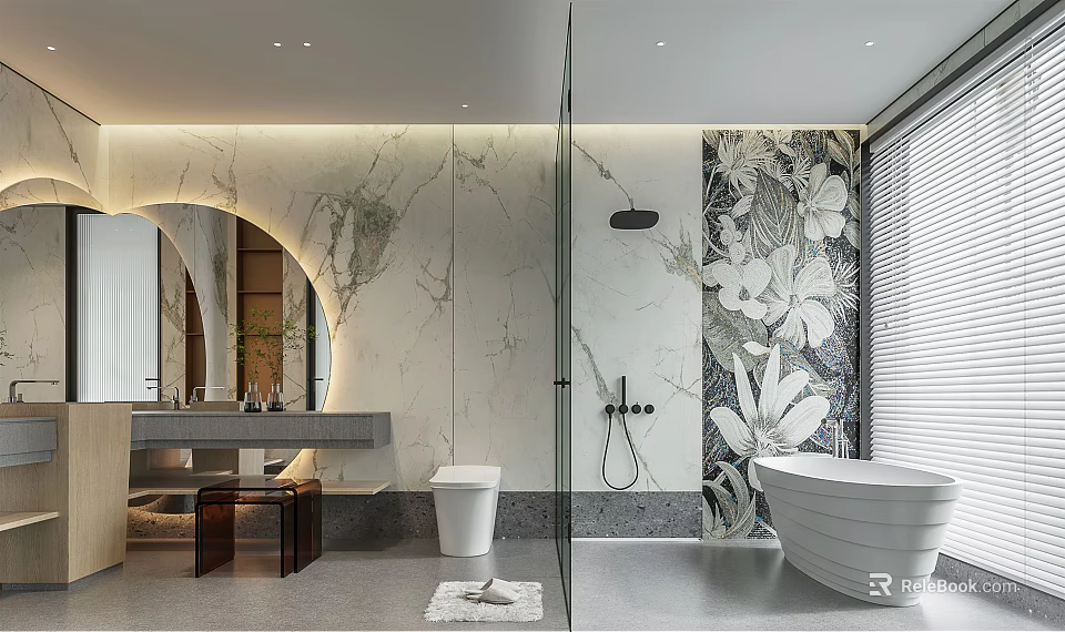Modern Bathroom Interior With Marble Walls Circular Mirror And Free Standing Bathtub 3d model 