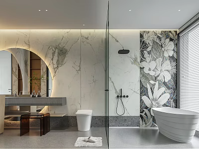 Modern Bathroom Interior With Marble Walls Circular Mirror And Free Standing Bathtub 3d model
