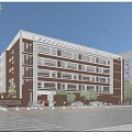 Multi Story School Building With Red Brick White Exterior Large Windows Trees And Parking Area