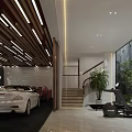 Modern Parking Garage With Red And White Sports Cars Wooden Ceiling Lighting And Arrow Signs