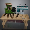 Woodworking Equipment Setup With Green Grinder Blue Lathe And Wooden Workbench With Logs Tools