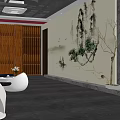 Modern Shop Front Desk Design With Wooden Partition Blue Sofa And Decorative Paintings