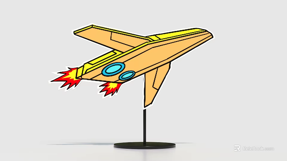 Yellow Airplane Model With Blue Circular Parts Red Flames And Black Base 3d model 