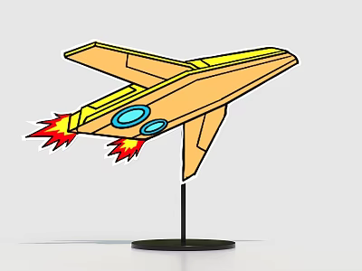 Yellow Airplane Model With Blue Circular Parts Red Flames And Black Base 3d model