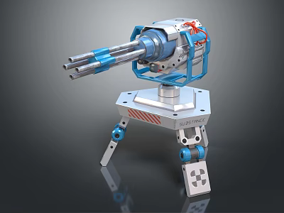 Mechanical Turret Device With Multiple Barrels Blue Silver Metal Structure Tripod Base 3d model