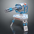 Mechanical Turret Device With Multiple Barrels Blue Silver Metal Structure Tripod Base 3d model