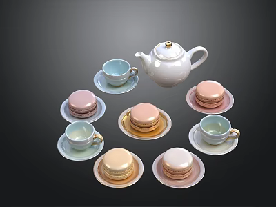 Colorful Macarons With White Teapot And Matching Teacups On Saucers For Afternoon Tea 3d model