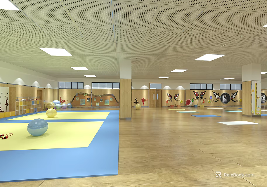 Kids Indoor Fitness Space With Colorful Mats Balls And Sports Themed Wall Decor 3d model 