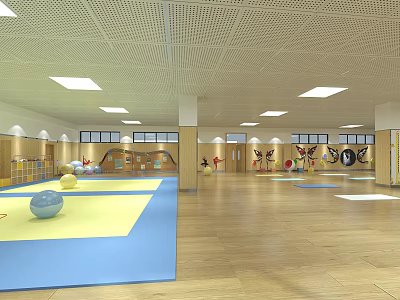 Kids Indoor Fitness Space With Colorful Mats Balls And Sports Themed Wall Decor 3d model