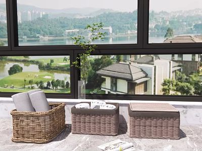 Three Wicker And Brown Woven Storage Baskets Indoor With Magazine Plant And Lake View Buildings 3d model