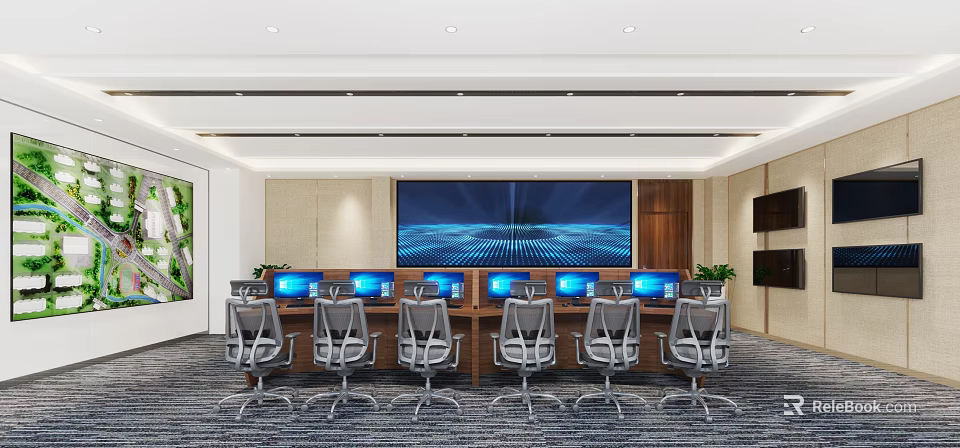 Conference Room Interior With Long Table Gray Chairs Multiple Computers Large Screen And Green Plants 3d model