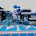 Cartoon City Scene With Colorful Buildings Mini Vehicles Roads And Blue Trees