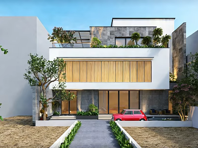 Modern Detached Villa With Wooden Windows Rooftop Greenery Pathway And Red Car 3d model