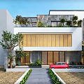 Modern Detached Villa With Wooden Windows Rooftop Greenery Pathway And Red Car