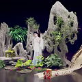 Traditional Chinese Garden Scene With Ancient Costume Lady Rockery And Lotus Plants